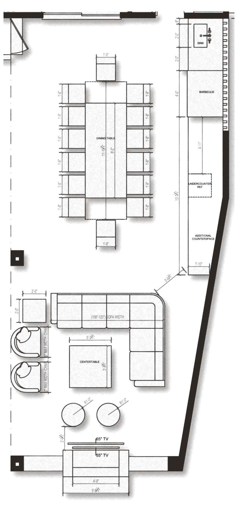 Outdoor living plan: dining for fourteen, an L-shaped lounge with centre table and TV wall, and an outdoor kitchen with sink, barbecue and undercounter fridge along the angled wall