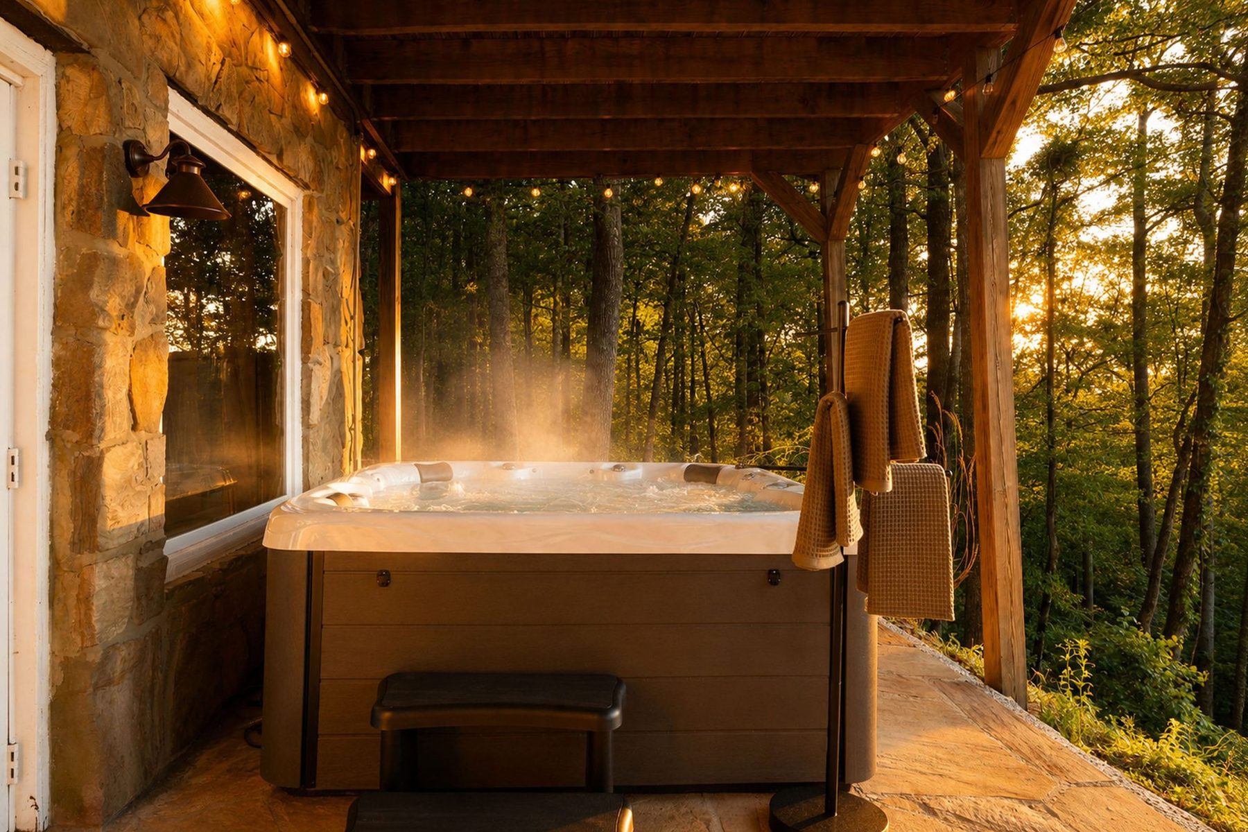 Covered hot tub on a stone terrace, steaming at golden hour among the trees