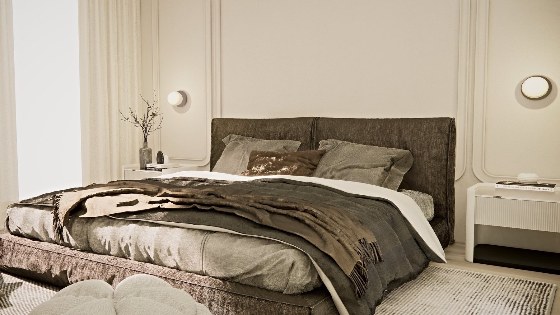 Three Waters Edge: render of a calm bedroom with panelled walls, sheer curtains and a low upholstered bed