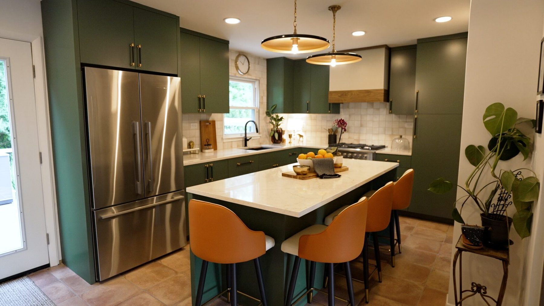 After: the new centre island with leather stools beside floor-to-ceiling tall units