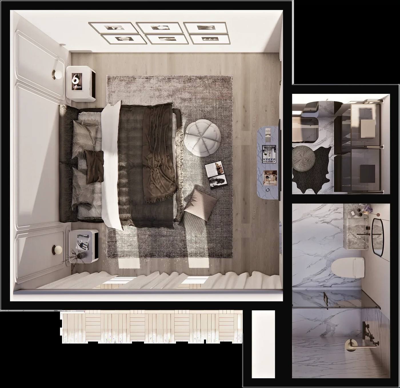 Bird's-eye 3D view of the bedroom suite in daylight: bed on a textured rug, gallery wall, en-suite and walk-in closet