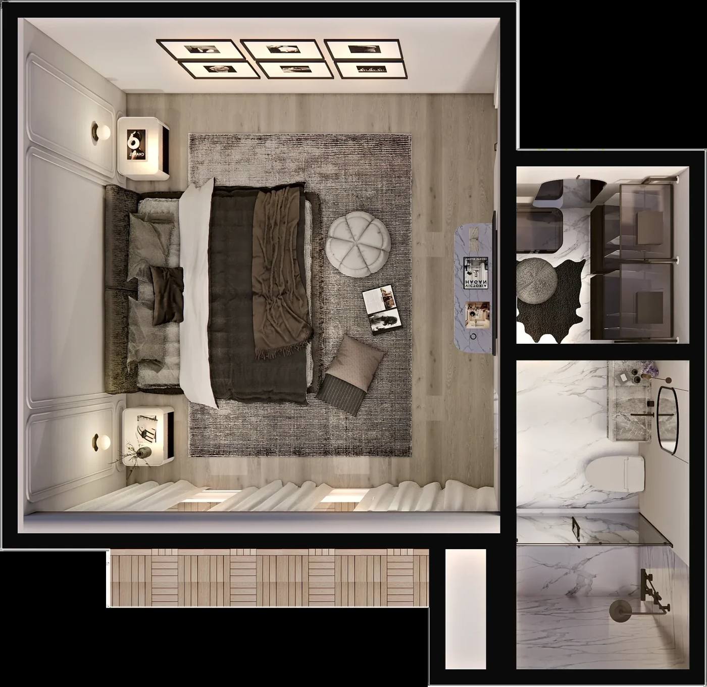 Bird's-eye 3D view of the bedroom suite in the evening, with wall lights and the gallery wall lit