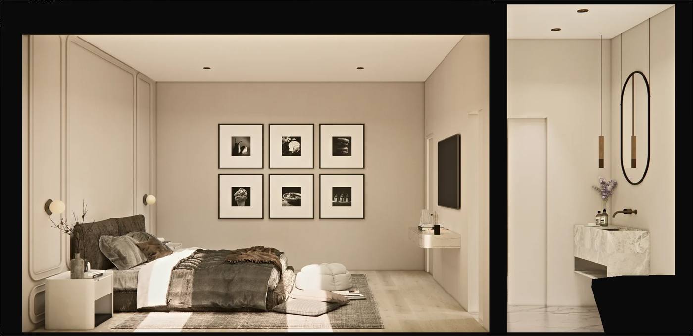 Cutaway render of the bedroom: black-and-white gallery wall above the bed, with the en-suite and oval mirror beyond