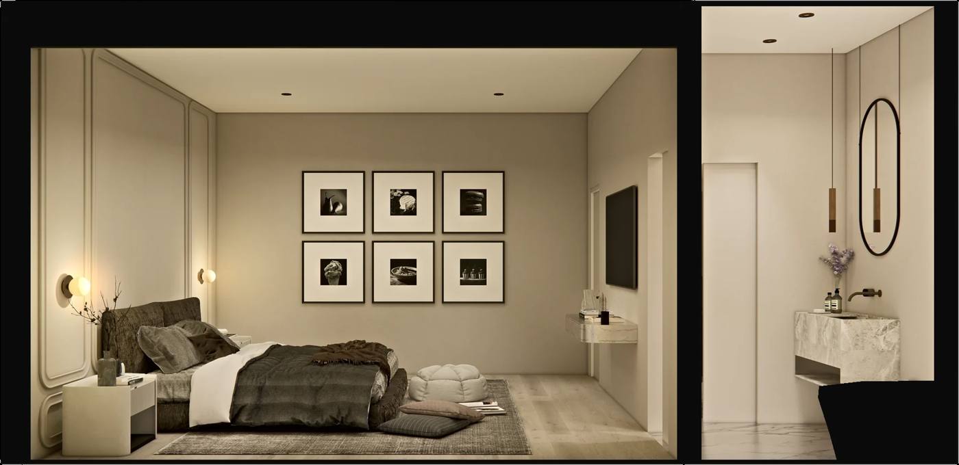 Evening cutaway render of the bedroom and en-suite