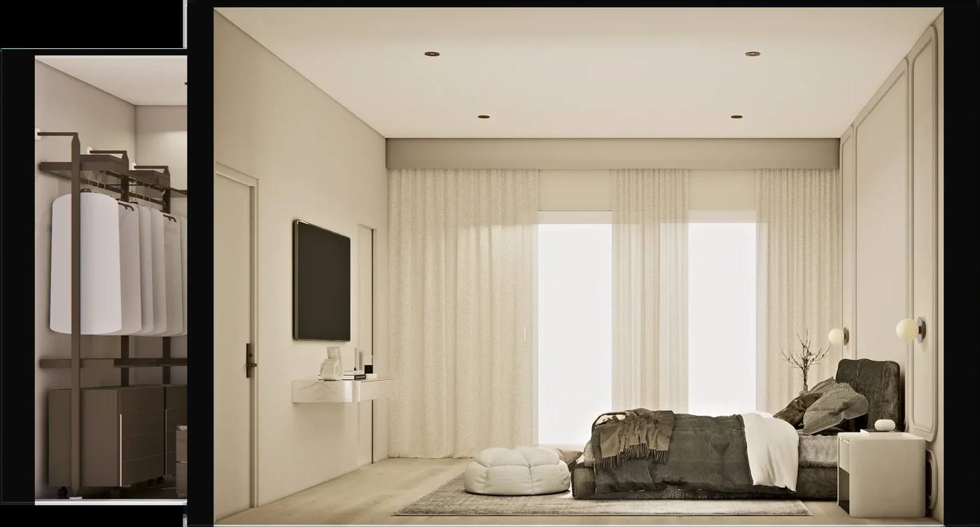 Cutaway render looking towards the curtained windows, with the walk-in closet to the side