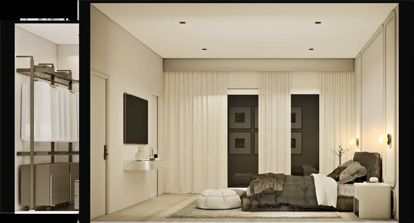 Cutaway render of the bedroom with the closet and dark-framed windows
