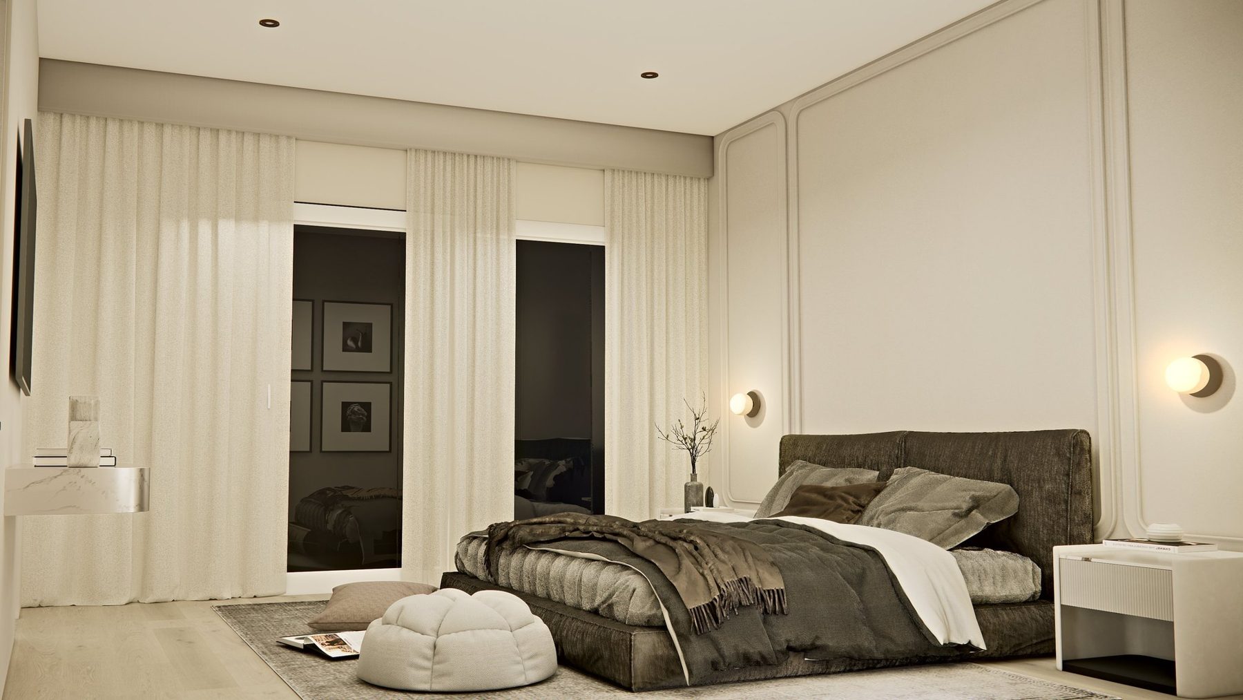 Bedroom render at dusk: sheer curtains drawn back from dark glass doors, globe wall lights glowing above the bed