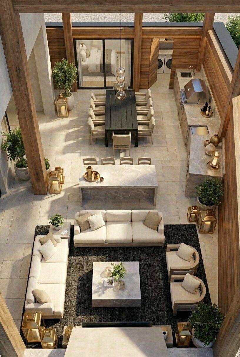 Outdoor living under a timber pergola, with dining, kitchen and lounge zones
