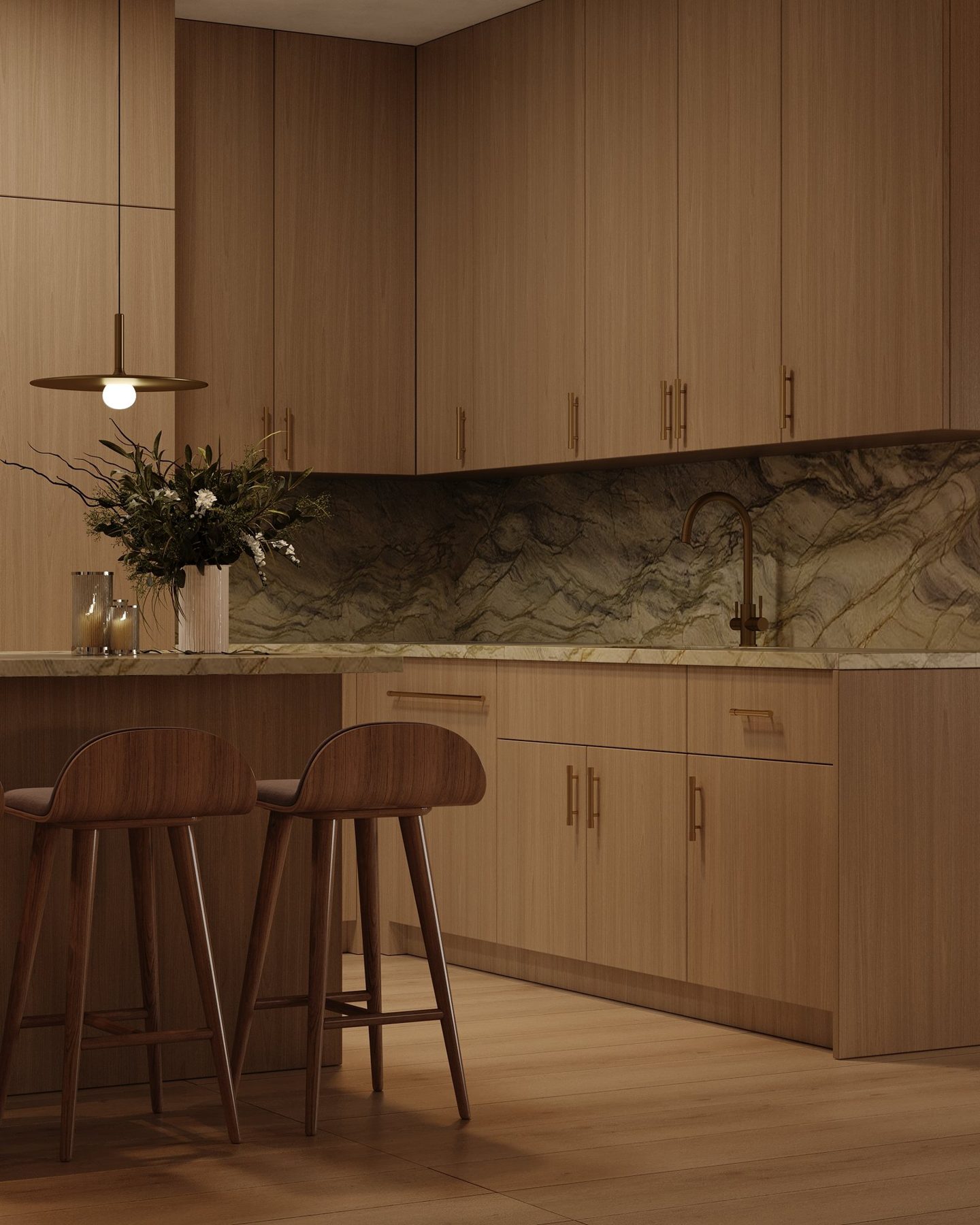 Kitchen sink wall: rift oak cabinetry with brass pulls, Verde green stone worktop and splashback, and a bronze tap