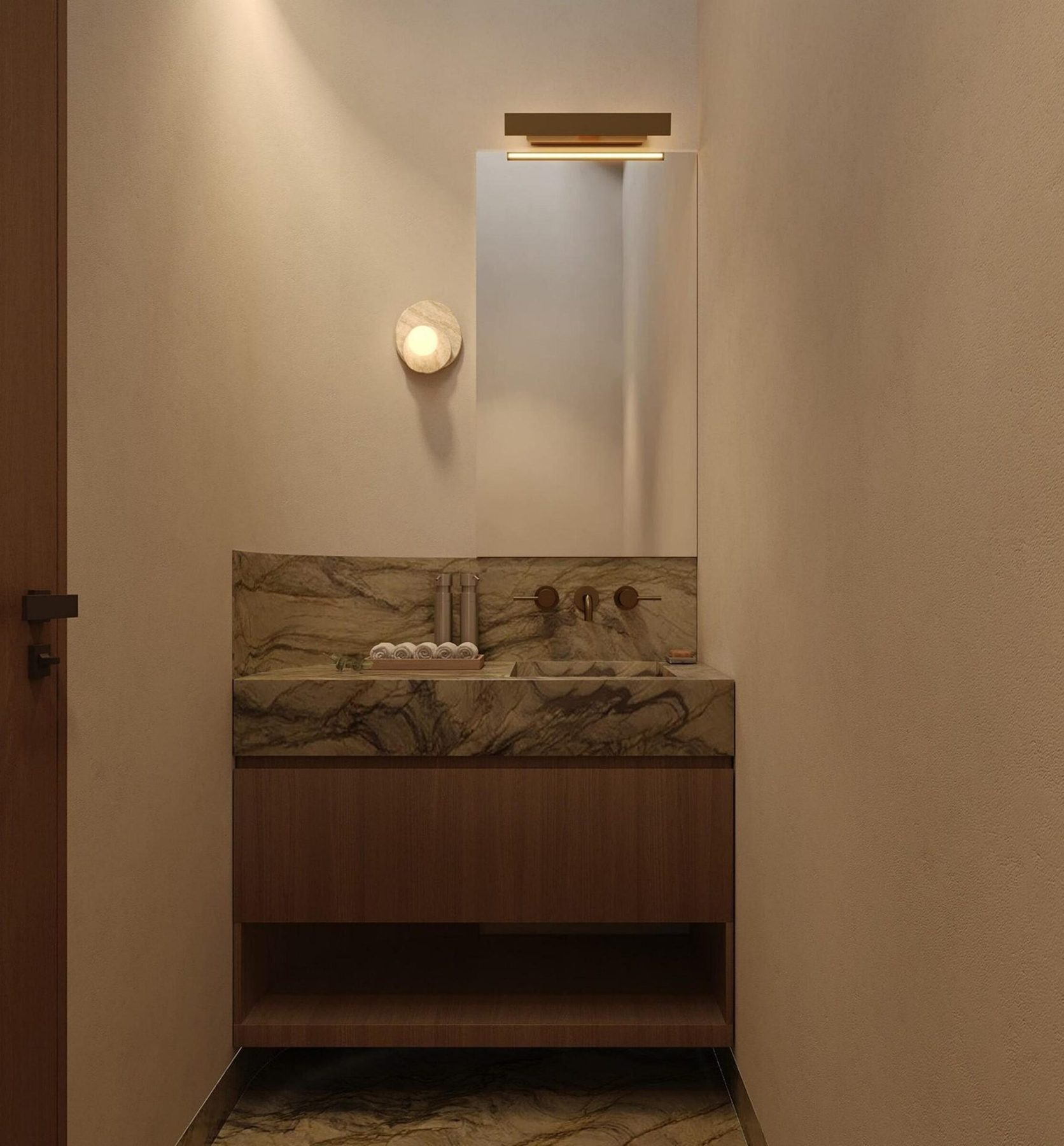 Powder room render: Verde green stone vanity with integrated basin, wood joinery and a sculptural wall light