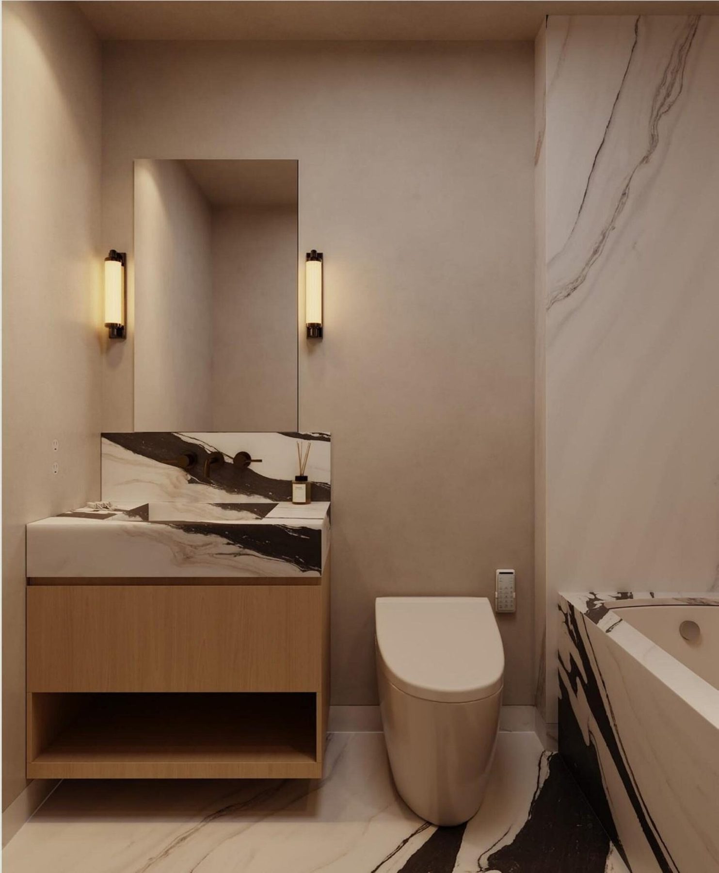 Bathroom render with tub, floating light-oak vanity and book-matched black and white veined stone