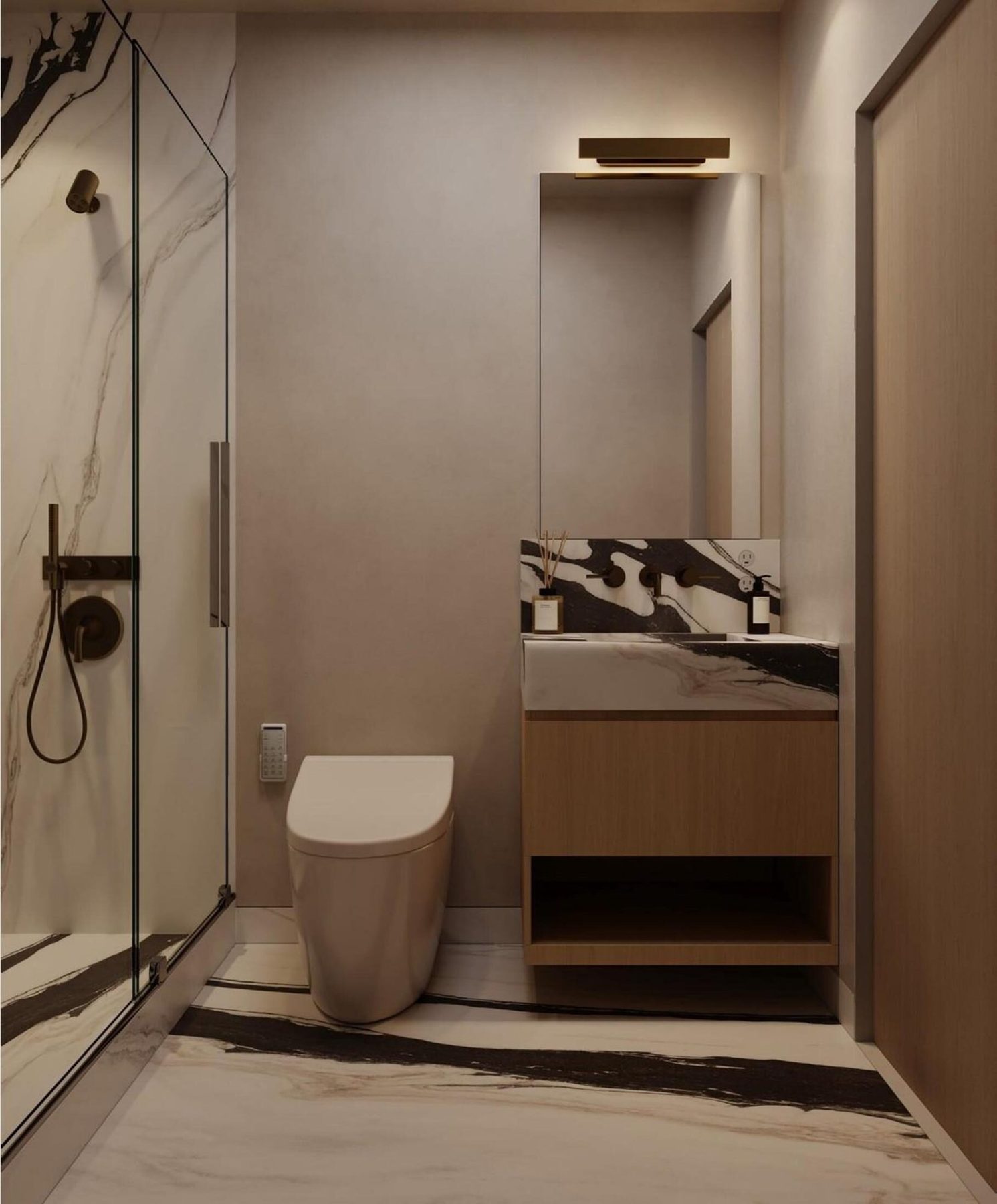 Bathroom render with frameless glass shower, floating vanity and veined stone floor