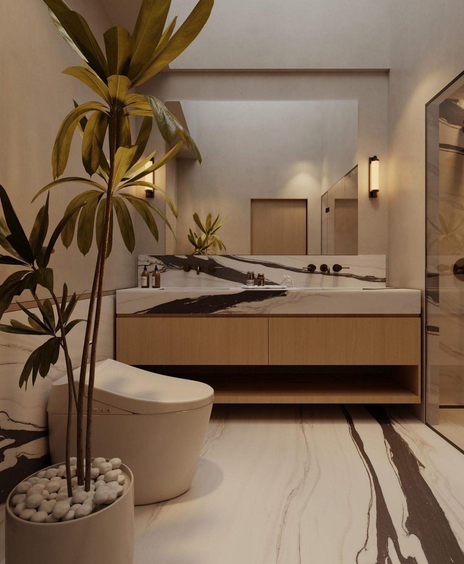 Primary bathroom render: wide floating oak vanity with integrated veined stone sink and bronze taps