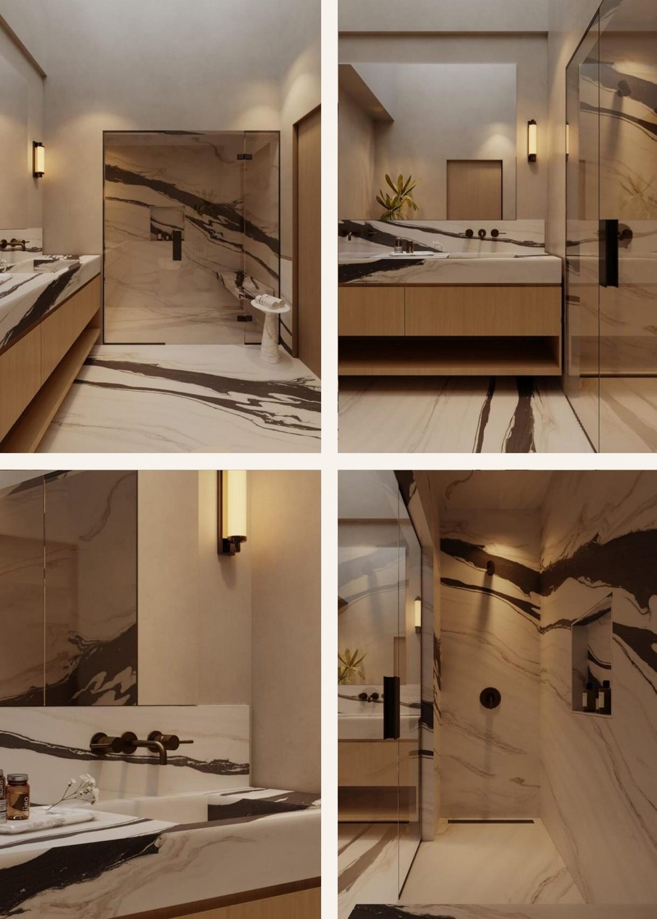 Collage of bathroom views showing the stone, oak and bronze material palette